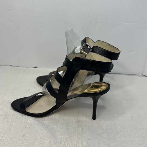 Michael Kors Viola 8M Black Leather 3 Strap Buckle Gold Zip Back Heel Sandal - Picture 3 of 8